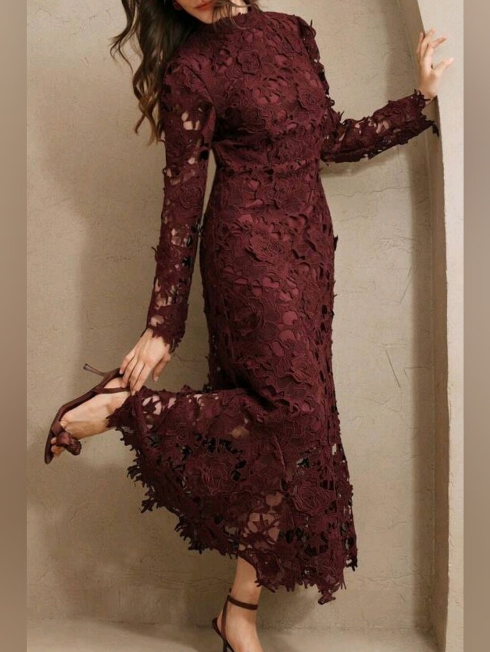 New Luxe Embroidered Sheer Lace Long Dress Long Sleeve Burgundy Red - Picture 3 of 14